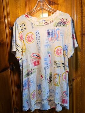 Crown And Ivy Abstract Fruit Print Short Sleeve Tee - White with Pastel Accents